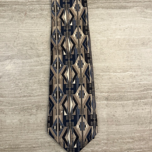 Zylos George Machado 100% Silk Tie Print Abstract Tan and Black Extra Long 63" - Picture 2 of 12